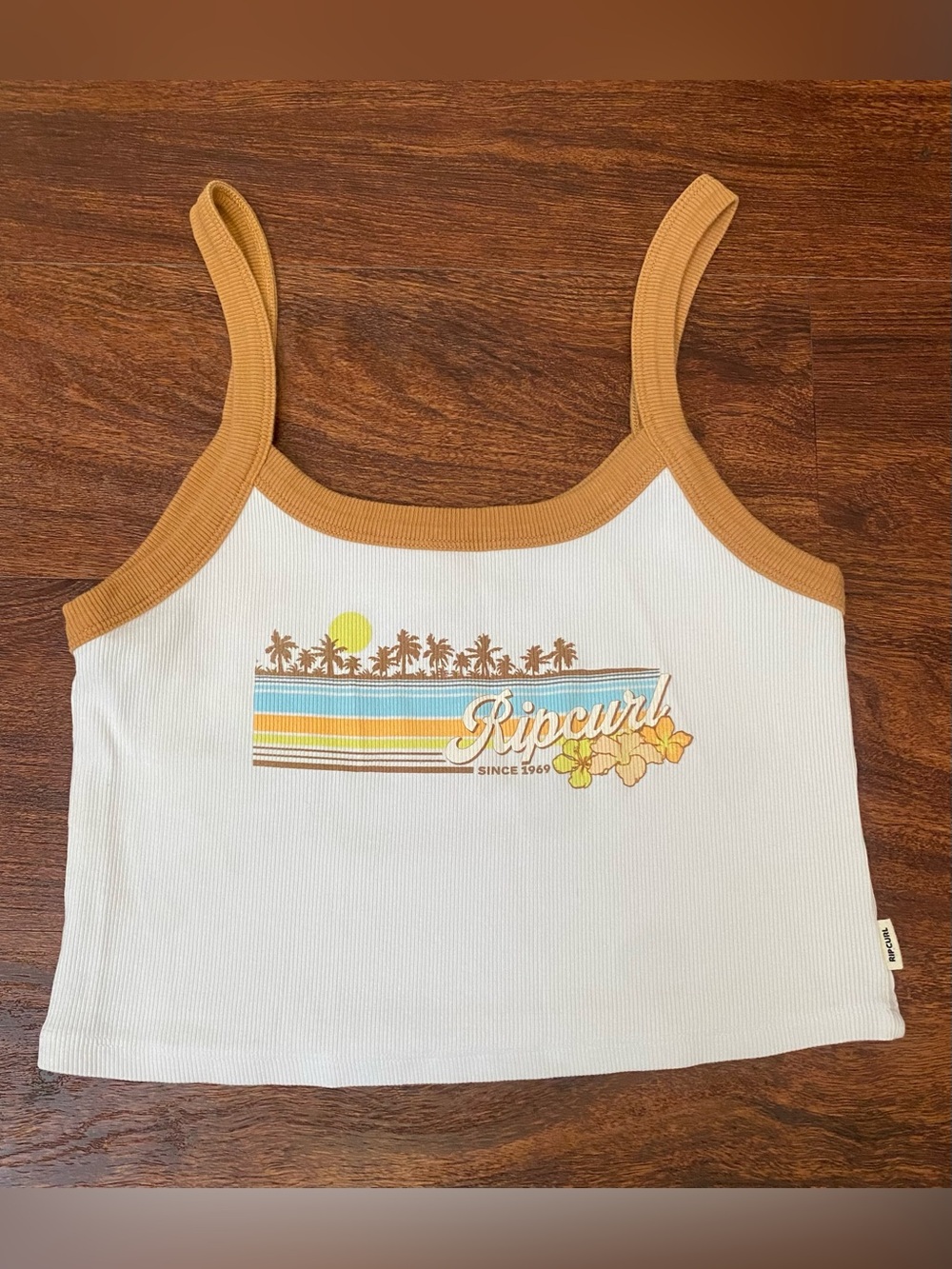 Rip Curl White Crop Tank with Mustard Trim and Retro Graphic